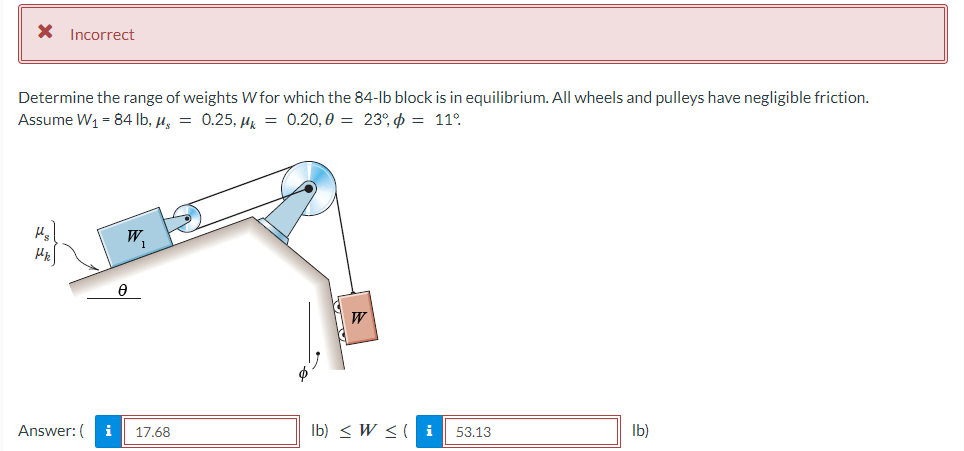 × Incorrect
Determine the range of weights W for which the 84-lb block is in equilibrium. All wheels and pulleys have negligible friction.
Assume W₁ = 84 lb, μs = 0.25, μk = 0.20,0 = 23% = 11°
Mk
Ꮎ
W
W
Answer: (i 17.68
lb) ≤ W≤(i 53.13
lb)