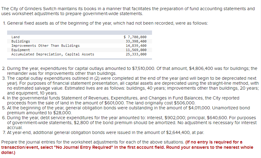 The City of Grinders Switch maintains its books in a manner that facilitates the preparation of fund accounting statements and
uses worksheet adjustments to prepare government-wide statements.
1. General fixed assets as of the beginning of the year, which had not been recorded, were as follows:
Land
Buildings
Improvements Other Than Buildings
Equipment
Accumulated Depreciation, Capital Assets
$ 7,700,000
33,398,400
14,839,400
11,569,000
25,333,000
2. During the year, expenditures for capital outlays amounted to $7,510,000. Of that amount, $4,806,400 was for buildings; the
remainder was for improvements other than buildings.
3. The capital outlay expenditures outlined in (2) were completed at the end of the year (and will begin to be depreciated next
year). For purposes of financial statement presentation, all capital assets are depreciated using the straight-line method, with
no estimated salvage value. Estimated lives are as follows: buildings, 40 years; improvements other than buildings, 20 years;
and equipment, 10 years.
4. In the governmental funds Statement of Revenues, Expenditures, and Changes in Fund Balances, the City reported
proceeds from the sale of land in the amount of $601,000. The land originally cost $506,000.
5. At the beginning of the year, general obligation bonds were outstanding in the amount of $4,011,000. Unamortized bond
premlum amounted to $28,000.
6. During the year, debt service expenditures for the year amounted to: Interest, $902,000; principal, $640,600. For purposes
of government-wide statements, $2,800 of the bond premium should be amortized. No adjustment is necessary for interest
accrual.
7. At year-end, additional general obligation bonds were issued in the amount of $2,644,400, at par.
Prepare the journal entries for the worksheet adjustments for each of the above situations. (If no entry is required for a
transaction/event, select "No Journal Entry Required" in the first account field. Round your answers to the nearest whole
dollar.)