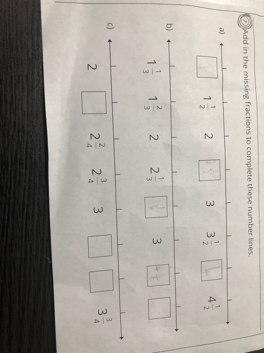 w/N
Add in the missing fractions to complete these number lines.
1
1
2
3
3
b)
15
1
3
15
2
2-
3
3.
2-
2
3
3
3.
