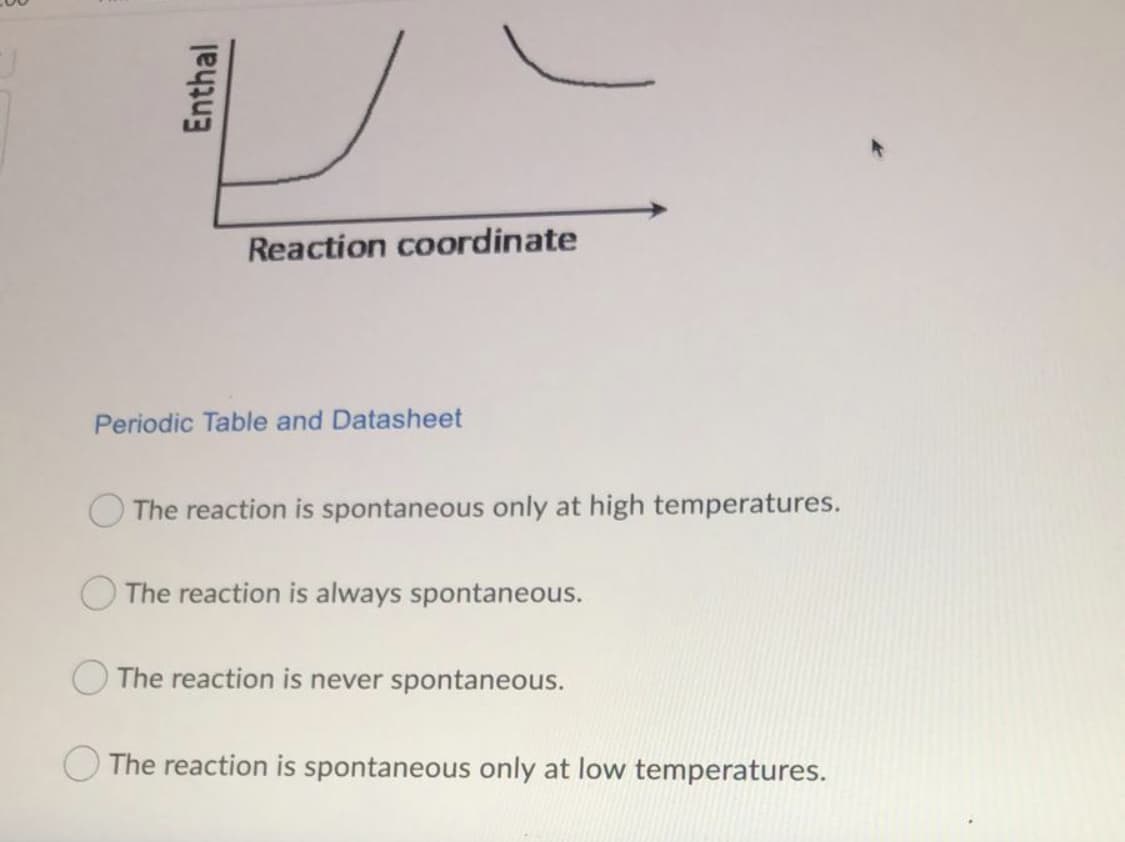 Reaction coordinate
Periodic Table and Datasheet
O The reaction is spontaneous only at high temperatures.
The reaction is always spontaneous.
The reaction is never spontaneous.
The reaction is spontaneous only at low temperatures.
Enthal
