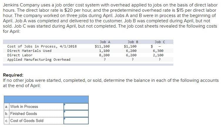 Jenkins Company uses a job order cost system with overhead applied to jobs on the basis of direct labor
hours. The direct labor rate is $20 per hour, and the predetermined overhead rate is $15 per direct labor
hour. The company worked on three jobs during April. Jobs A and B were in process at the beginning of
April. Job A was completed and delivered to the customer. Job B was completed during April, but not
sold. Job C was started during April, but not completed. The job cost sheets revealed the following costs
for April:
Cost of Jobs in Process, 4/1/2018
Direct Materials Used
Direct Labor
Applied Manufacturing Overhead
Job A
a. Work in Process
b. Finished Goods
c. Cost of Goods Sold
$11,100
1,100
8,200
?
Job B
$1,100
6,200
6,200
?
Job C
$ -
6,300
2,100
?
Required:
If no other jobs were started, completed, or sold, determine the balance in each of the following accounts
at the end of April: