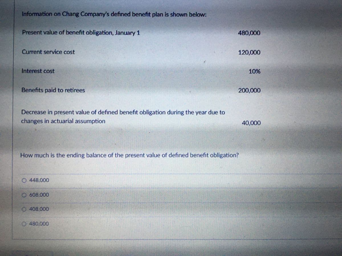 Information on Chang Company's defined benefit plan is shown below:
Present value of benefit obligation, January 1
480,000
Current service cost
120,000
Interest cost
10%
Benefits paid to retirees
200,000
Decrease in present value of defined benefit obligation during the year due to
changes in actuarial assumption
40,000
How much is the ending balance of the present value of defined benefit obligation?
O 448,000
O 608.000
0 408,000
O 480,000
