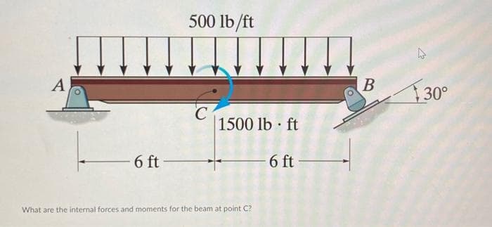 A
6 ft-
500 lb/ft
C
1500 lb ft
What are the internal forces and moments for the beam at point C?
6 ft-
B
4
130°