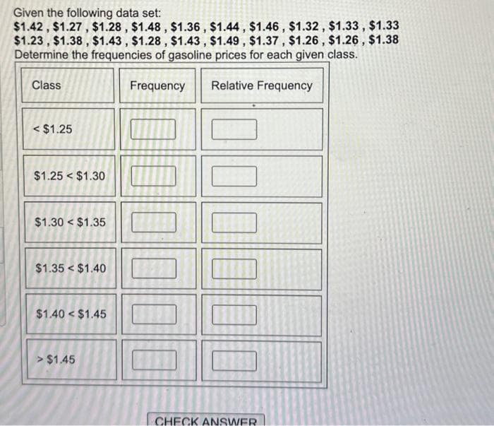 Given the following data set:
$1.42, $1.27, $1.28, $1.48, $1.36, $1.44, $1.46, $1.32, $1.33, $1.33
$1.23, $1.38, $1.43, $1.28, $1.43, $1.49, $1.37, $1.26, $1.26, $1.38
Determine the frequencies of gasoline prices for each given class.
Frequency Relative Frequency
Class
< $1.25
$1.25 < $1.30
$1.30 $1.35
$1.35 $1.40
$1.40 < $1.45
$1.45
CHECK ANSWER
