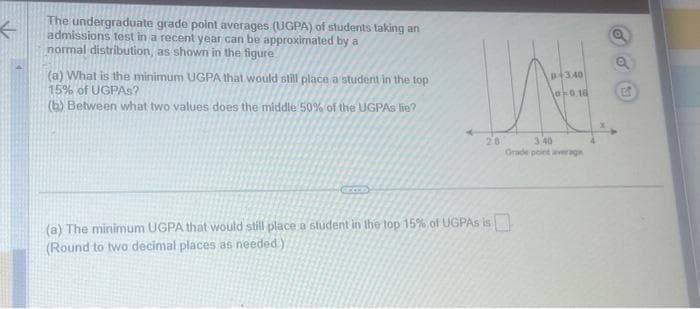 ←
The undergraduate grade point averages (UGPA) of students taking an
admissions test in a recent year can be approximated by a
normal distribution, as shown in the figure
(a) What is the minimum UGPA that would still place a student in the top
15% of UGPAS?
(b) Between what two values does the middle 50% of the UGPAs lie?
GED
28
(a) The minimum UGPA that would still place a student in the top 15% of UGPAS is
(Round to two decimal places as needed)
p+3.40
00.16
3.40
Grade point average
So
L