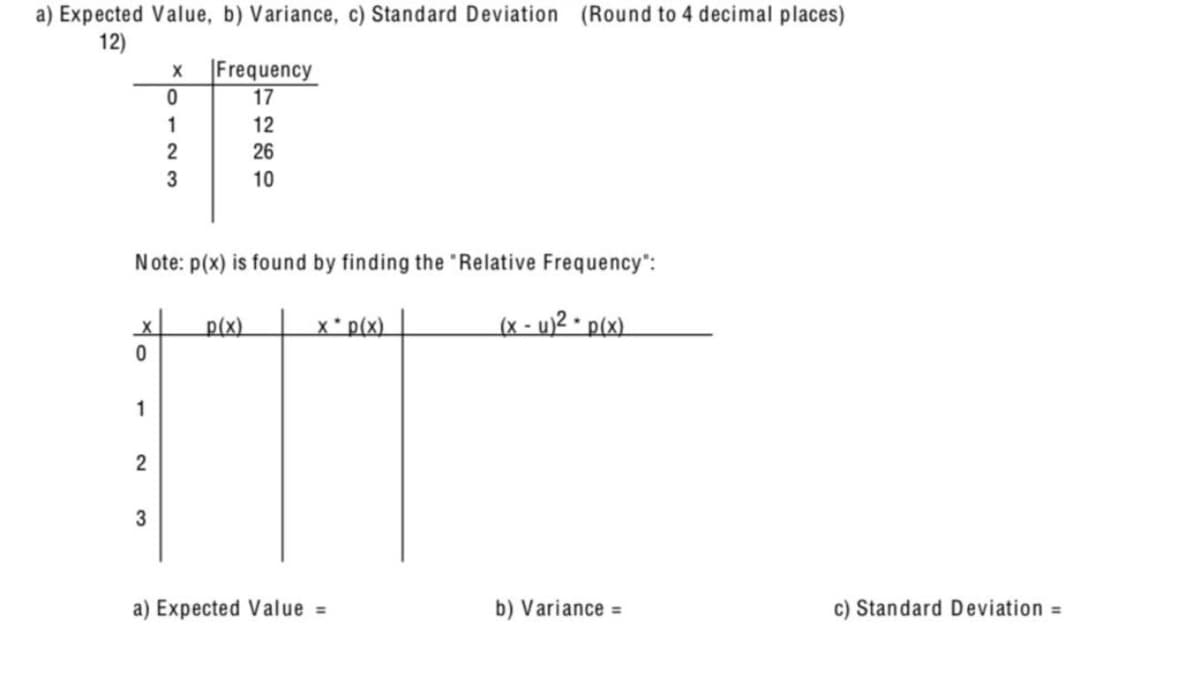 a) Expected Value, b) Variance, c) Standard Deviation (Round to 4 decimal places)
12)
X
0
Frequency
17
1
2
3
22200
12
26
10
Note: p(x) is found by finding the "Relative Frequency":
p(x)
✗* p(x)
0
1
2
3
(x-u)² - p(x)
a) Expected Value =
b) Variance =
c) Standard Deviation =