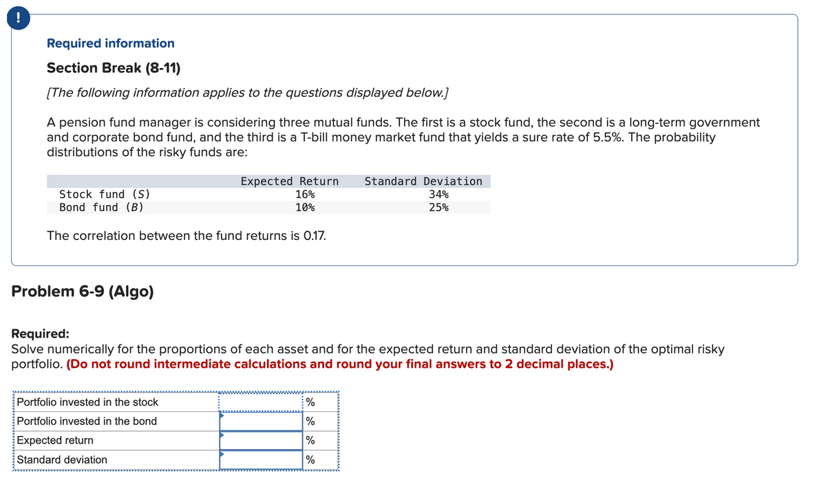 Required information
Section Break (8-11)
[The following information applies to the questions displayed below.]
A pension fund manager is considering three mutual funds. The first is a stock fund, the second is a long-term government
and corporate bond fund, and the third is a T-bill money market fund that yields a sure rate of 5.5%. The probability
distributions of the risky funds are:
Stock fund (S)
Bond fund (B)
The correlation between the fund returns is 0.17.
Problem 6-9 (Algo)
Expected Return
16%
10%
Portfolio invested in the stock
Portfolio invested in the bond
Expected return
Standard deviation
Required:
Solve numerically for the proportions of each asset and for the expected return and standard deviation of the optimal risky
portfolio. (Do not round intermediate calculations and round your final answers to 2 decimal places.)
Standard Deviation
34%
25%
%
%
%
%