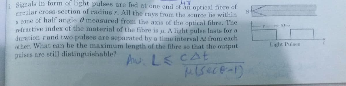 i Signals in form of light pulses are fed at one end of an optical fibre of
eircular cross-section of radius r. All the rays from the source lie within
a cone of half angle 0 measured from the axis of the optical fibre. The
refractive index of the material of the fibre is u. A light pulse lasts for a
duration rand two pulses are separated by a time interval At from each
other. What can be the maximum length of the fibre so that the output
pulses are still distinguishable?
o At
Light Pulses
An LE
CAt
(i-タフカダ)
