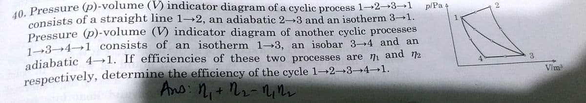a Pressure (p)-volume (V) indicator diagram of a cyclic process 1→2→3→1
consists of a straight line 1→2, an adiabatic 2-→3 and an isotherm 3→1.
Pressure (p)-volume (V) indicator diagram of another cyclic processes
1-3→4→1 consists of an isotherm 1-3, an isobar 3→4 and an
adiabatic 4→1. If efficiencies of these two processes are ni and n2
p/Pa 4
2
4
3.
respectively, determine the efficiency of the cycle 1-→2→3→4→1.
Ans: n,+ N2-
Vlm
niMr
