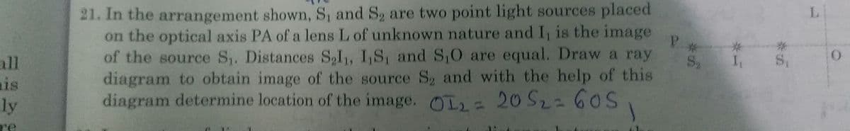 21. In the arrangement shown, S, and S2 are two point light sources placed
on the optical axis PA of a lens L of unknown nature and I, is the image
of the source S. Distances S,I,, I,S, and S,O are equal. Draw a ray
diagram to obtain image of the source S, and with the help of this
diagram determine location of the image. OL, = 20 S2=60S
L.
S,
all
ais
ly
