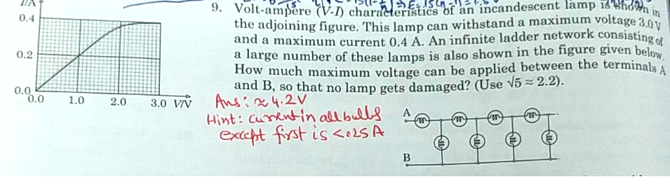 the adjoining figure. This lamp can withstand a maximum voltage 3.0 v
0.4
9. Volt-ampere (V-I) charaeteristics of an incandescent lamp 16thd in
and a maximum current 0.4 A. An infinite ladder network consisting
a large number of these lamps is also shown in the figure given belo
How much maximum voltage can be applied between the terminals A
and B, so that no lamp gets damaged? (Use V5 = 2.2).
Ans:x4.2V
Hint: Curentin all bulls
except first is <oLS A
0.2
0.0
0.0
1.0
2.0
3.0 VV
B
