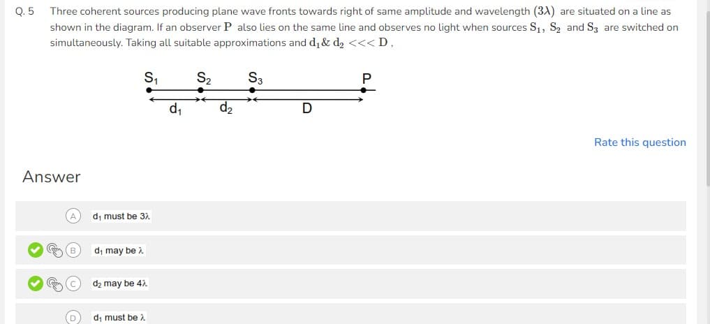 Q. 5
Three coherent sources producing plane wave fronts towards right of same amplitude and wavelength (3)) are situated on a line as
shown in the diagram. If an observer P also lies on the same line and observes no light when sources S1, S2 and S3 are switched on
simultaneously. Taking all suitable approximations and d, & d, <<<D.
S,
S2
S3
d,
d2
Rate this question
Answer
d, must be 37
d; may be 2
d2 may be 42
d, must be 2
