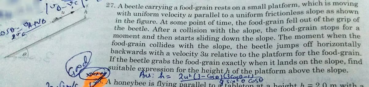 2. A beetle carrying a food-grain rests on a small platform, which is moving
with uniform velocity u parallel to a uniform frictionless slope as shown
n the figure. At some point of time, the food-grain fell out of the grip of
the beetle. After a collision with the slope, the food-grain stops for a
moment and then starts sliding down the slope. The moment when the
food-grain collides with the slope, the beetle jumps off horizontally
backwards with a velocity 3u relative to the platform for the food-grain.
If the beetle grabs the food-grain exactly when it lands on the slope, find
suitable expression for the height h of the platform above the slope.
God
. A honeybee is flying parallel to tahleton at a height h
Ais: h= 2uh C3- Core)Cicaça
Sinte Cose
tableton at a heioht h= 2 0 m with a
