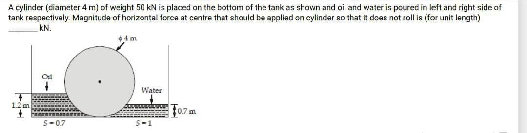 A cylinder (diameter 4 m) of weight 50 kN is placed on the bottom of the tank as shown and oil and water is poured in left and right side of
tank respectively. Magnitude of horizontal force at centre that should be applied on cylinder so that it does not roll is (for unit length)
kN.
64m
Oil
S=0.7
1.2 m
Water
S=1
0.7m