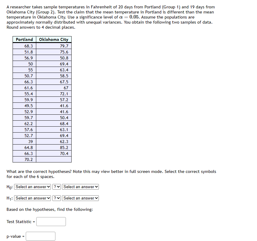 A researcher takes sample temperatures in Fahrenheit of 20 days from Portland (Group 1) and 19 days from
Oklahoma City (Group 2). Test the claim that the mean temperature in Portland is different than the mean
temperature in Oklahoma City. Use a significance level of a = 0.05. Assume the populations are
approximately normally distributed with unequal variances. You obtain the following two samples of data.
Round answers to 4 decimal places.
Portland Oklahoma City
79.7
75.6
50.8
69.4
68.3
51.8
56.9
50
55
50.7
66.3
61.6
55.4
59.9
49.5
52.9
59.7
62.2
57.6
52.7
39
64.8
66.3
70.2
Test Statistic =
p-value
63.4
58.5
67.5
67
What are the correct hypotheses? Note this may view better in full screen mode. Select the correct symbols
for each of the 6 spaces.
Ho: Select an answer ?
Select an answer
H₁: Select an answer ? Select an answer
Based on the hypotheses, find the following:
72.1
57.2
41.6
41.6
50.4
68.4
63.1
69.4
62.3
85.2
70.4