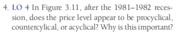 4. LO 4 In Figure 3.11, after the 1981-1982 reces-
sion, does the price level appear to be procyclical,
countercylical, or acyclical? Why is this important?
