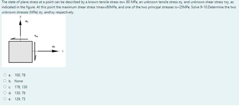 ---
## Plane Stress Analysis

The state of plane stress at a point can be described by a known tensile stress σx = 80 MPa, an unknown tensile stress σy, and an unknown shear stress τxy, as indicated in the figure. At this point, the maximum shear stress τmax = 80 MPa, and one of the two principal stresses is ±25 MPa. Determine the two unknown stresses (MPa) σy and τxy respectively.

### Description of the Figure:

A diagram is presented showing a square element subjected to stresses. The element is oriented with its sides parallel to the x and y axes. The following stresses are applied:

- Tensile stress σx acts horizontally to the right along the positive x-axis.
- Tensile stress σy acts vertically upwards along the positive y-axis.
- Shear stress τxy acts in the plane of the element, with both positive and negative directions indicated.

### Answer Choices:

- a. 100, 78
- b. None
- c. 178, 130
- d. 130, 76
- e. 129, 73

### Analysis:

To solve for the unknown stresses σy and τxy, you can use the derived principal stress conditions and shear stress equations for plane stress conditions:

- Maximum shear stress condition equation
- Principal stress condition equation

### Note:
The solution involves solving a system of equations based on the provided conditions and utilizing appropriate mechanical stress transformation equations.

---