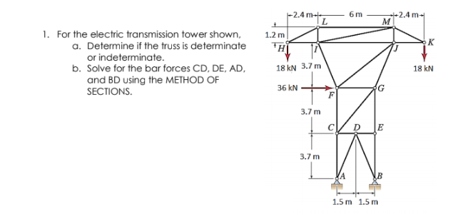 -2.4 m-
6m
-2.4 m-
M
to
1. For the electric transmission tower shown,
a. Determine if the truss is determinate
1.2 m
K
or indeterminate.
b. Solve for the bar forces CD, DE, AD,
and BD using the METHOD OF
SECTIONS.
18 kN 3.7 m
18 kN
36 kN
G
3.7 m
C
D
JE
3.7 m
1.5 m. 1.5 m
