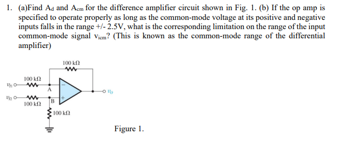 1. (a)Find Ad and Acm for the difference amplifier cireuit shown in Fig. 1. (b) If the op amp is
specified to operate properly as long as the common-mode voltage at its positive and negative
inputs falls in the range +/- 2.5V, what is the corresponding limitation on the range of the input
common-mode signal viem? (This is known as the common-mode range of the differential
amplifier)
100 k
100 k2
A
B
100 k2
100 k
Figure 1.
