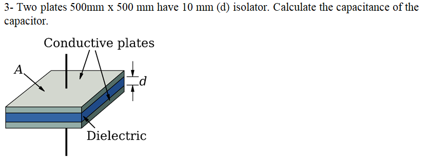 3- Two plates 500mm x 500 mm have 10 mm (d) isolator. Calculate the capacitance of the
сараcitor.
Conductive plates
A,
Dielectric
