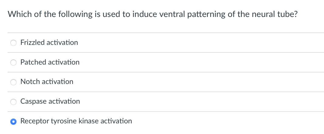 Which of the following is used to induce ventral patterning of the neural tube?
Frizzled activation
Patched activation
Notch activation
Caspase activation
Receptor tyrosine kinase activation
