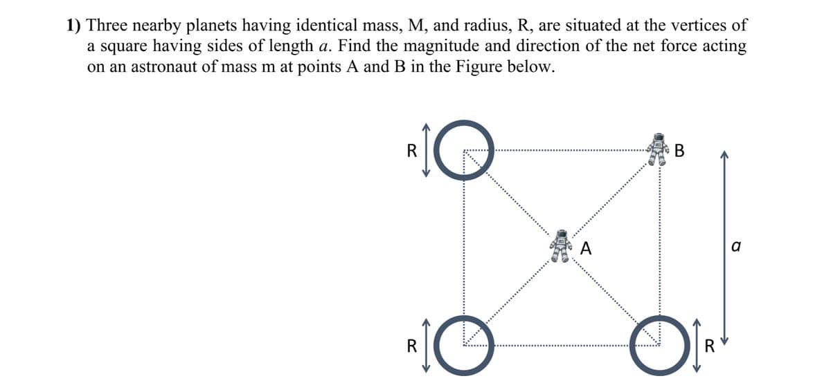 1) Three nearby planets having identical mass, M, and radius, R, are situated at the vertices of
a square having sides of length a. Find the magnitude and direction of the net force acting
on an astronaut of mass m at points A and B in the Figure below.
R
IG
RO
A
B
DI
R
a