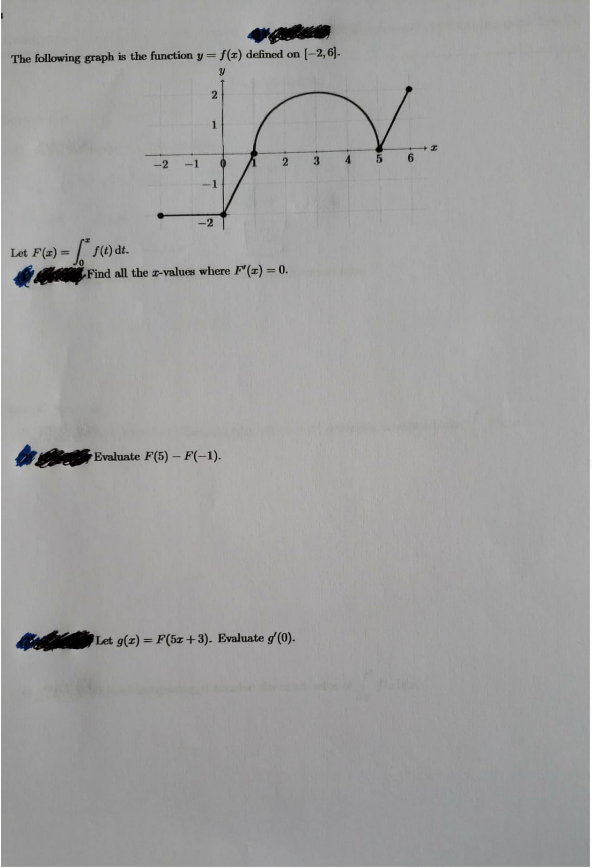 The following graph is the function y= f(x) defined on [-2,6].
2
1
-2
-1
3.
4.
-1
Let F(z) = f(t) dt.
%3D
Find all the -values where F'(x) = 0.
Evaluate F(5)- F(-1).
Let g(x) = F(5I+3). Evaluate g'(0).
%3D
