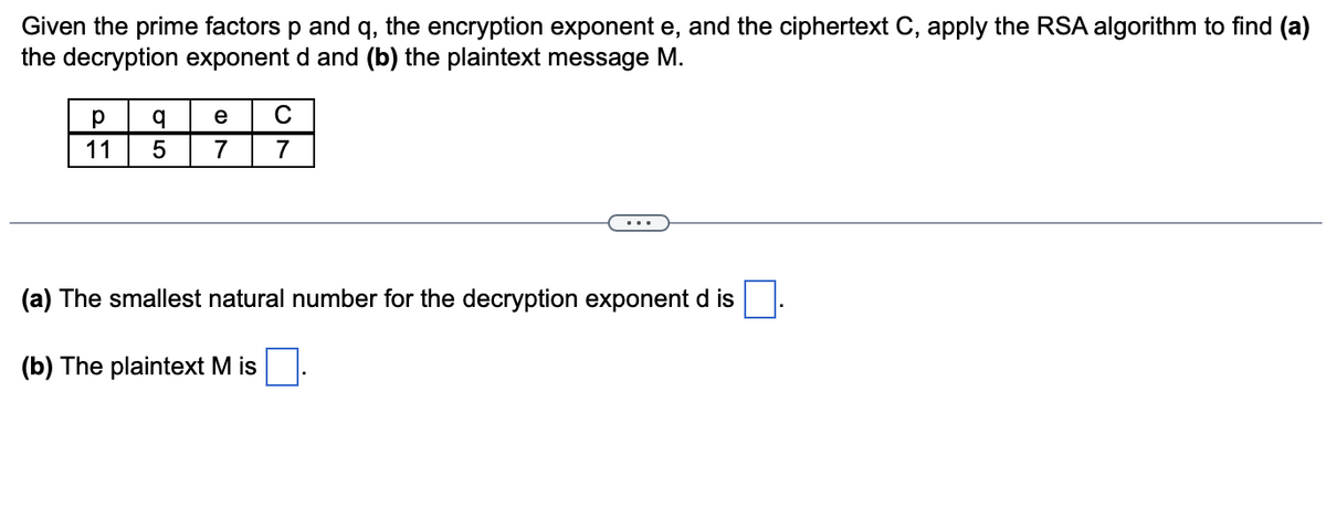 Given the prime factors p and q, the encryption exponent e, and the ciphertext C, apply the RSA algorithm to find (a)
the decryption exponent d and (b) the plaintext message M.
р
11
q
5
e
7
с
7
(a) The smallest natural number for the decryption exponent d is
(b) The plaintext M is