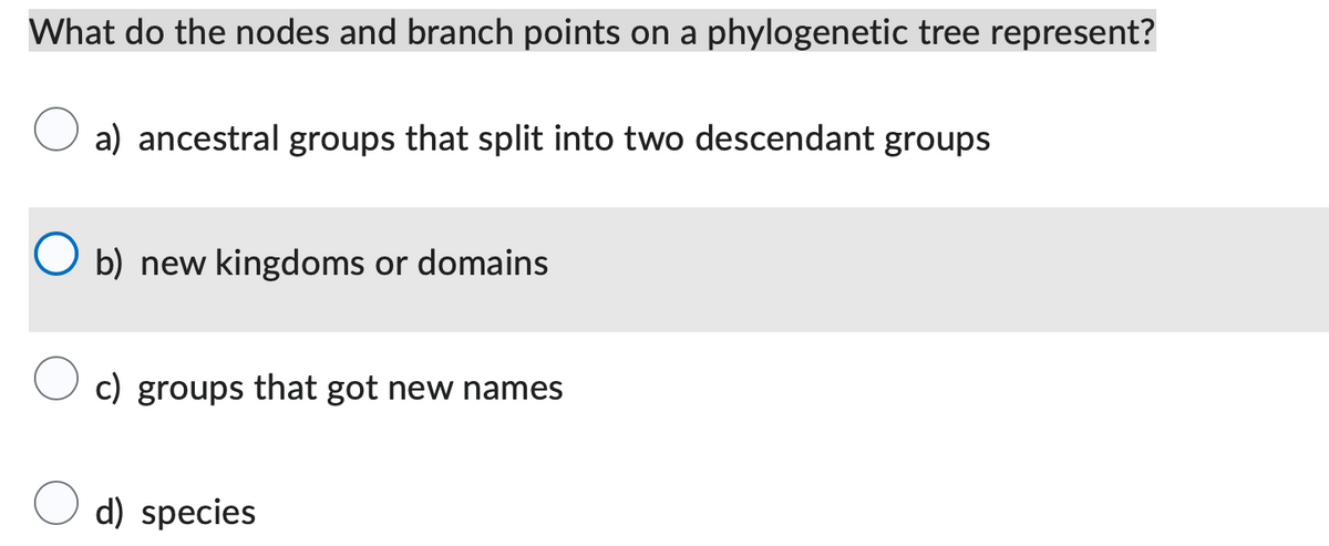 What do the nodes and branch points on a phylogenetic tree represent?
a) ancestral groups that split into two descendant groups
b) new kingdoms or domains
c) groups that got new names
d) species