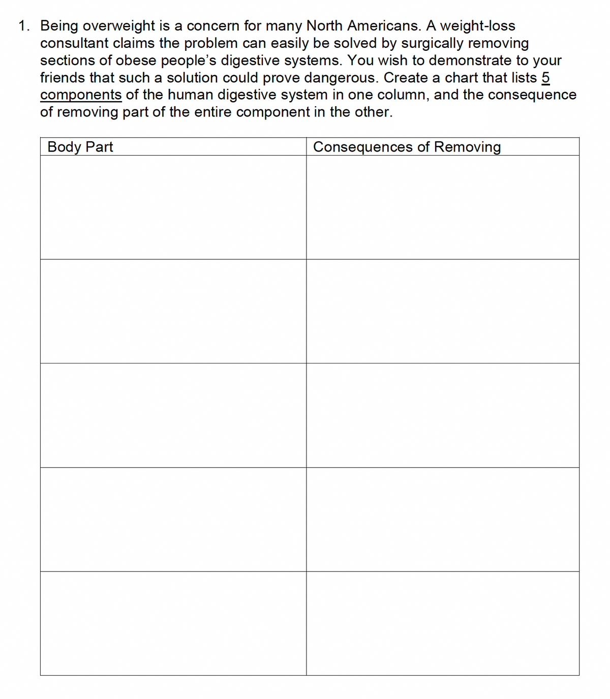 1. Being overweight is a concern for many North Americans. A weight-loss
consultant claims the problem can easily be solved by surgically removing
sections of obese people's digestive systems. You wish to demonstrate to your
friends that such a solution could prove dangerous. Create a chart that lists 5
components of the human digestive system in one column, and the consequence
of removing part of the entire component in the other.
Body Part
Consequences of Removing
