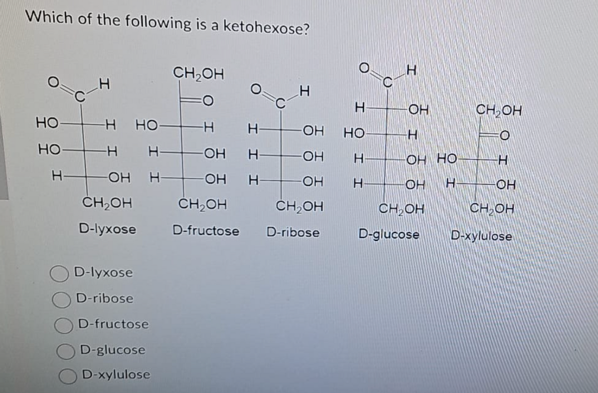 Which of the following is a ketohexose?
но-
но
Н-
Н но-
-Н
Н
-ОН
CH OH
D-lyxose
D-lyxose
D-ribose
D-fructose
D-glucose
D-xylulose
н
CH OH
-Н
-ОН Н-
-ОН
CH OH
D-fructose
I
I
I
I
-ОН но-
-ОН
Н
-ОН
Н
CH OH
D-ribose
Н
-ОН
-Н
OH HO-
ОН н
I
CH OH
D-glucose
CH OH
н
-ОН
CH OH
D-xylulose