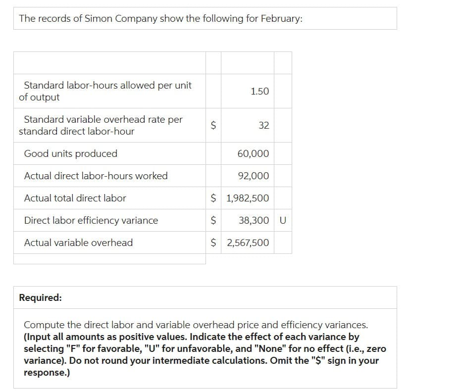 The records of Simon Company show the following for February:
Standard labor-hours allowed per unit
of output
Standard variable overhead rate per
standard direct labor-hour
Good units produced
Actual direct labor-hours worked
Actual total direct labor
Direct labor efficiency variance
Actual variable overhead
Required:
$
1.50
es
32
60,000
92,000
$ 1,982,500
$
38,300 U
$ 2,567,500
Compute the direct labor and variable overhead price and efficiency variances.
(Input all amounts as positive values. Indicate the effect of each variance by
selecting "F" for favorable, "U" for unfavorable, and "None" for no effect (i.e., zero
variance). Do not round your intermediate calculations. Omit the "$" sign in your
response.)