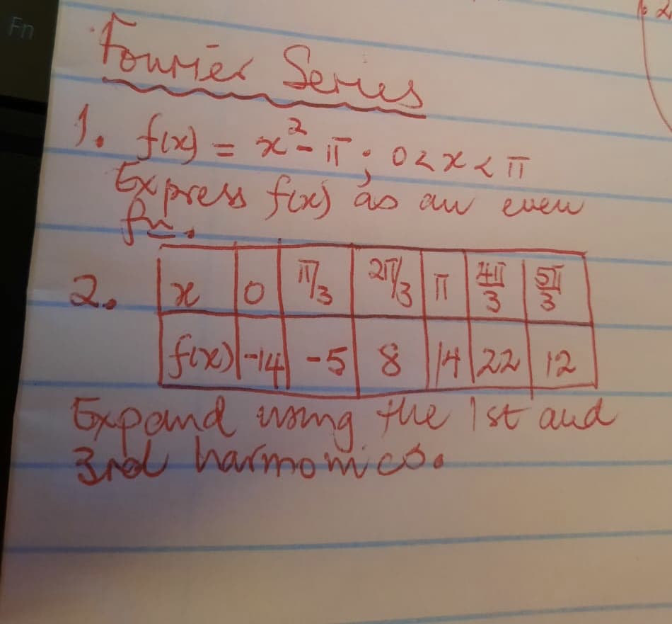 Fr
Fourier Series
2
1₁ fix) = x²³²= ₁1:02XXII
Express fox) as an even
für
20
HIT
x
fix) -14 -5 8 14 22 12
Expand using the 1st and
3rd harmones.