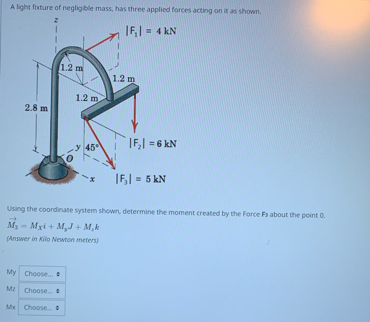 A light fixture of negligible mass, has three applied forces acting on it as shown.
|F,| = 4 kN
%3D
1.2 m
1.2 m
1.2 m
2.8 m
|F,| = 6 kN
45°
|F| = 5 kN
%3D
Using the coordinate system shown, determine the moment created by the Force F3 about the point 0.
M3 = Mxi + MyJ + M,k
(Answer in Kilo Newton meters)
My
Choose... +
Mz
Choose... +
Mx
Choose... +
