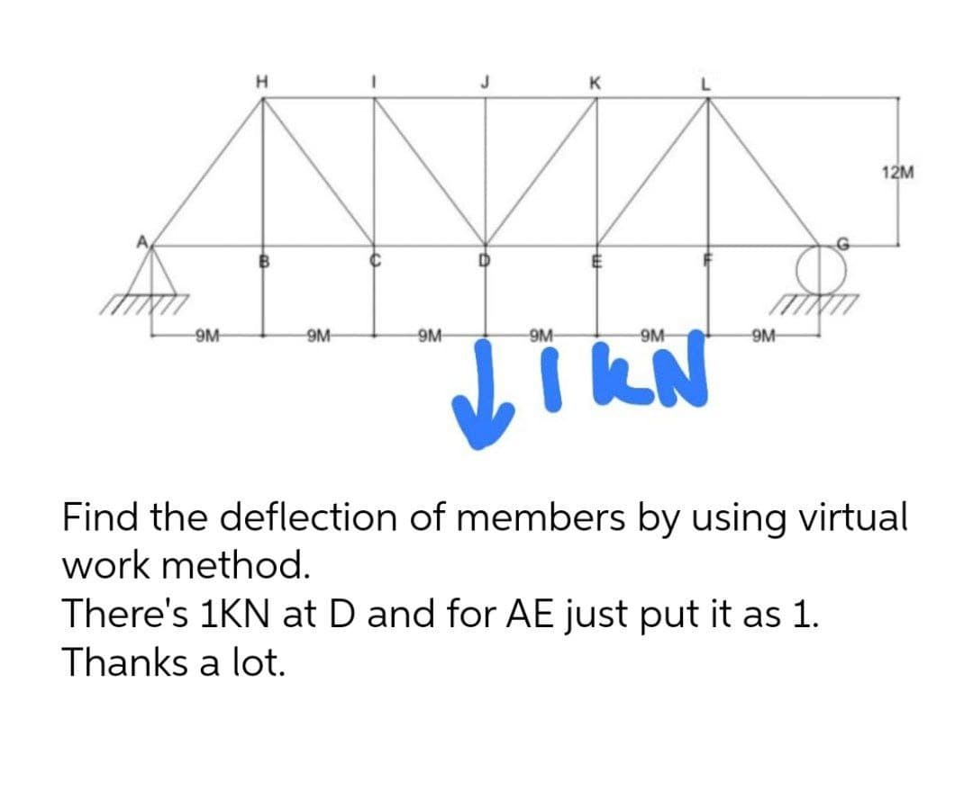 H.
J
K
L
12M
9M
9M
9M
9M
9M
9M
KN
Find the deflection of members by using virtual
work method.
There's 1KN at D and for AE just put it as 1.
Thanks a lot.
