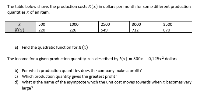 The table below shows the production costs K(x) in dollars per month for some different production
quantities x of an item.
K(x)
500
220
1000
226
2500
549
3000
712
3500
870
a) Find the quadratic function for K (x)
The income for a given production quantity x is described by I(x) = 500x - 0,125x² dollars
b) For which production quantities does the company make a profit?
c) Which production quantity gives the greatest profit?
d) What is the name of the asymptote which the unit cost moves towards when x becomes very
large?