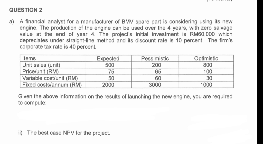 QUESTION 2
a) A financial analyst for a manufacturer of BMV spare part is considering using its new
engine. The production of the engine can be used over the 4 years, with zero salvage
value at the end of year 4. The project's initial investment is RM60,000 which
depreciates under straight-line method and its discount rate is 10 percent. The firm's
corporate tax rate is 40 percent.
Items
Expected
Optimistic
800
100
30
1000
Pessimistic
Unit sales (unit)
Price/unit (RM)
Variable cost/unit (RM)
Fixed costs/annum (RM)
500
200
75
65
50
60
2000
3000
Given the above information on the results of launching the new engine, you are required
to compute:
ii) The best case NPV for the project.
