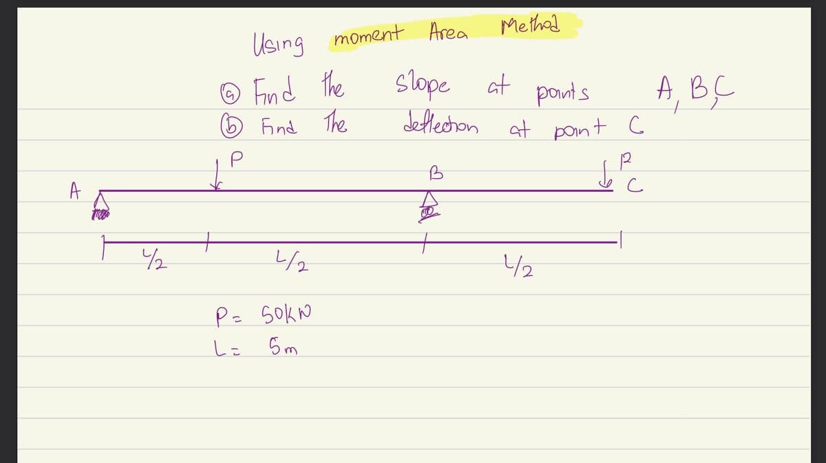 A
42
© Find the
Find The
↓
Using moment Area
P
4/2
P= sokw
L =
5m
Method
slope at
points
deflection at point C
42
de
с
A, B,C