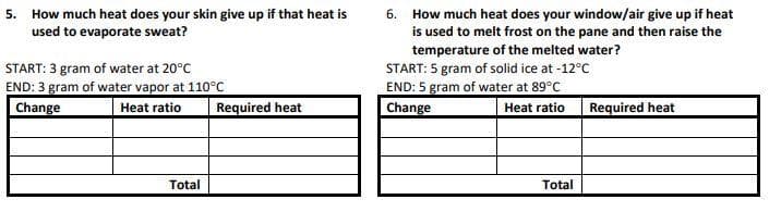 5. How much heat does your skin give up if that heat is
used to evaporate sweat?
6. How much heat does your window/air give up if heat
is used to melt frost on the pane and then raise the
temperature of the melted water?
START: 5 gram of solid ice at -12°C
END: 5 gram of water at 89°C
START: 3 gram of water at 20°C
END: 3 gram of water vapor at 110°C
Change
Heat ratio
Change
Required heat
Required heat
Heat ratio
Total
Total
