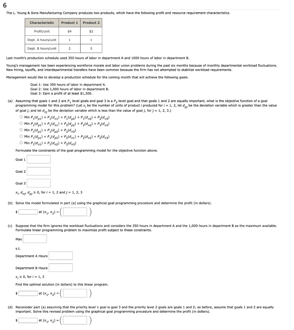 6
The L. Young & Sons Manufacturing Company produces two products, which have the following profit and resource requirement characteristics.
Goal 1
Goal 2
Goal 3
Characteristic
$
Profit/unit
Dept. A hours/unit
Dept. B hours/unit
Max
s.t.
Last month's production schedule used 350 hours of labor in department A and 1000 hours of labor in department B.
Young's management has been experiencing workforce morale and labor union problems during the past six months because of monthly departmental workload fluctuations.
New hiring, layoffs, and interdepartmental transfers have been common because the firm has not attempted to stabilize workload requirements.
Management would like to develop a production schedule for the coming month that will achieve the following goals.
Goal 1: Use 350 hours of labor in department A.
Goal 2: Use 1,000 hours of labor in department B.
Goal 3: Earn a profit of at least $1,300.
Product 1
(a) Assuming that goals 1 and 2 are P₁ level goals and goal 3 is a P₂ level goal and that goals 1 and 2 are equally important, what is the objective function of a goal
programming model for this problem? (Let x; be the number of units of product i produced for i = 1, 2, let dpj be the deviation variable which is greater than the value
of goal j, and let dj be the deviation variable which is less than the value of goal j, for j = 1, 2, 3.)
O Min P₁(dp1) + P₁(dn1) + P₁(dp2) + P1(dn2) + P₂(dn3)
O Min P₁(dp1) + P₁(dn1) + P₂(dp₂) + P₂(dn2) + P3(dn3)
O Min P₁ (dp1) + P₁(dp2) + P₂ (dn3)
O Min P₁(dp1) + P₁(dp2) + P₂ (dn1) + P₂(dn2) + P₂ (dn3)
O Min P₁(d1) + P₁ (dn2) + P₂(dn3)
Formulate the constraints of the goal programming model for the objective function above.
$
$4
at (x₁, x₂) =
1
Department A Hours
2
Product 2
Xirdnji dpj ≥ 0, for i = 1, 2 and j = 1, 2, 3
(b) Solve the model formulated in part (a) using the graphical goal programming procedure and determine the profit (in dollars).
(C
$2
at (x₁, x₂) =
1
5
(c) Suppose that the firm ignores the workload fluctuations and considers the 350 hours in department A and the 1,000 hours in department B as the maximum available.
Formulate linear programming problem to maximize profit subject to these constraints.
Department B Hours
x, ≥ 0, for i = 1, 2
Find the optimal solution (in dollars) to this linear program.
=C
(d) Reconsider part (a) assuming that the priority level 1 goal is goal 3 and the priority level 2 goals are goals 1 and 2; as before, assume that goals 1 and 2 are equally
important. Solve this revised problem using the graphical goal programming procedure and determine the profit (in dollars).
at (x₁, x₂) =