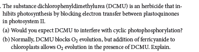 The substance dichlorophenyldimethylurea (DCMU) is an herbicide that in-
hibits photosynthesis by blocking electron transfer between plastoquinones
in photosystem II.
(a) Would you expect DCMU to interfere with cyclic photophosphorylation?
(b) Normally, DCMU blocks Oz evolution, but addition of ferricyanide to
chloroplasts allows O, evolution in the presence of DCMU. Explain.
