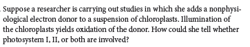 Suppose a researcher is carrying out studies in which she adds a nonphysi-
ological electron donor to a suspension of chloroplasts. Illumination of
the chloroplasts yields oxidation of the donor. How could she tell whether
photosystem I, II, or both are involved?
