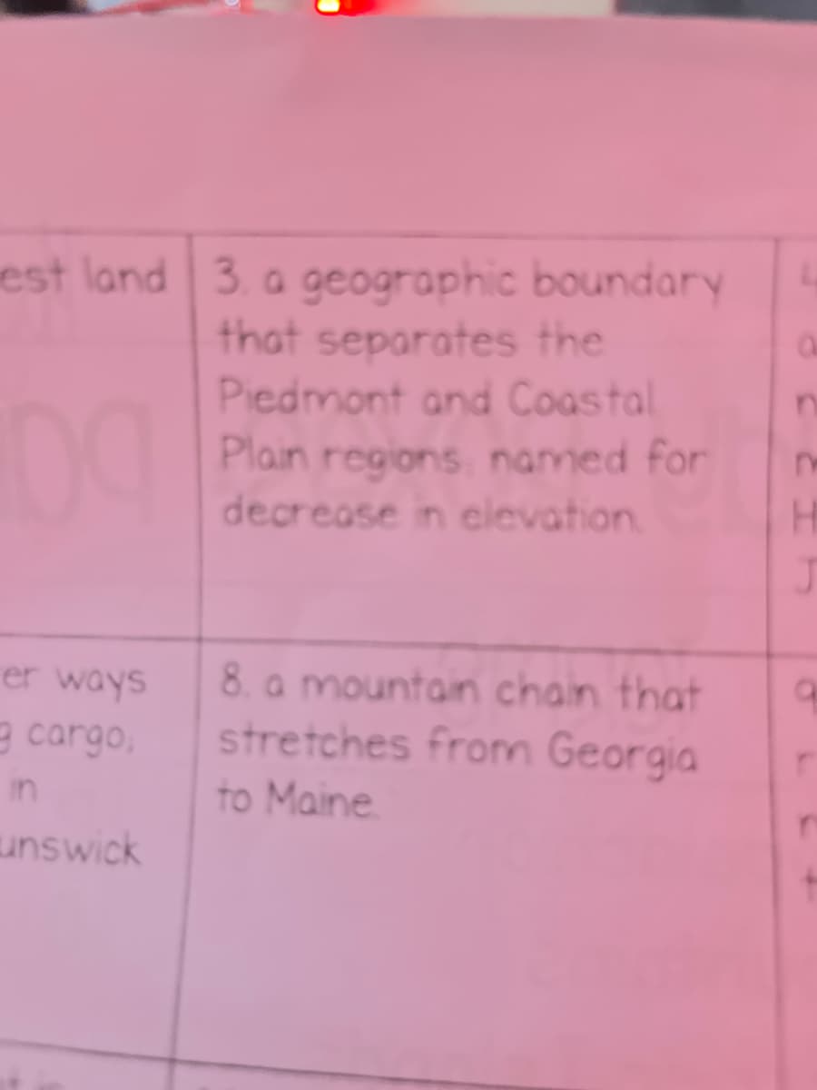 est land 3. a geographic boundary
that separates the
Piedmont and Coastal
Plain regions named for
decrease in elevation
er ways
cargo,
in
unswick
8. a mountain chain that
stretches from Georgia
to Maine
L
a
n
m
H
a
r