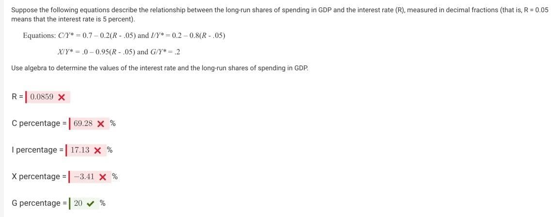 Suppose the following equations describe the relationship between the long-run shares of spending in GDP and the interest rate (R), measured in decimal fractions (that is, R = 0.05
means that the interest rate is 5 percent).
Equations: C/Y* = 0.7 – 0.2(R - .05) and I/Y*= 0.2 - 0.8(R - .05)
XIY* = .0 – 0.95(R - .05) and G/Y* = .2
Use algebra to determine the values of the interest rate and the long-run shares of spending in GDP.
R = 0.0859 X
C percentage = 69.28 x %
I percentage = 17.13 X %
X percentage -3.41 X %
G percentage =| 20 v %
