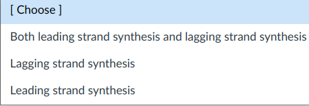 [ Choose ]
Both leading strand synthesis and lagging strand synthesis
Lagging strand synthesis
Leading strand synthesis
