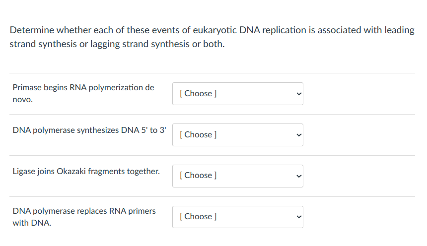 Determine whether each of these events of eukaryotic DNA replication is associated with leading
strand synthesis or lagging strand synthesis or both.
Primase begins RNA polymerization de
[ Choose ]
novo.
DNA polymerase synthesizes DNA 5' to 3'
[ Choose ]
Ligase joins Okazaki fragments together.
[ Choose ]
DNA polymerase replaces RNA primers
[ Choose ]
with DNA.
>
>
>
>
