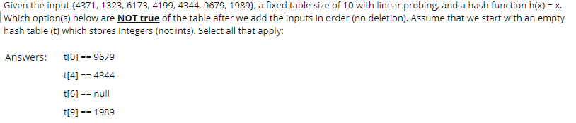 Given the input {4371, 1323, 6173, 4199, 4344, 9679, 1989}, a fixed table size of 10 with linear probing, and a hash function h(x) = x.
|Which option(s) below are NOT true of the table after we add the inputs in order (no deletion). Assume that we start with an empty
hash table (t) which stores Integers (not ints). Select all that apply:
Answers:
t[0] == 9679
t[4] == 4344
t[6]
== null
t[9]
== 1989
