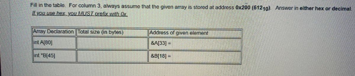 Fill in the table. For column 3 , always assume that the given array is stored at address 0x200 (51210) Answer in either hex or decimal.
Lyou use hex, you MUST prefix with Ox
Array Declaration Total size (in bytes)
Address of given element
int A[80]
&A[33] =
int "B[45]
&B[18] =
