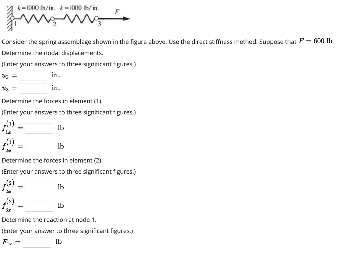 U2
Consider the spring assemblage shown in the figure above. Use the direct stiffness method. Suppose that F = 600 lb.
Determine the nodal displacements.
(Enter your answers to three significant figures.)
in.
in.
(¹)
fo
Uz =
Determine the forces in element (1).
(Enter your answers to three significant figures.)
ƒ(1)
lb
1x
2x
f.
=
lb
Determine the forces in element (2).
(Enter your answers to three significant figures.)
(²)
lb
2x
k=1000 lb/in. k = 1000 lb/in.
ww
(2)
f,
3x
=
3
=
F
lb
Determine the reaction at node 1.
(Enter your answer to three significant figures.)
lb
Fix
=
=