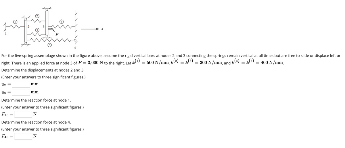 For the five-spring assemblage shown in the figure above, assume the rigid vertical bars at nodes 2 and 3 connecting the springs remain vertical at all times but are free to slide or displace left or
right. There is an applied force at node 3 of F = 3,000 N to the right. Let k(1) 500 N/mm,
k(2)
= 300 N/mm, and k(4)
k (5)
Determine the displacements at nodes 2 and 3.
(Enter your answers to three significant figures.)
U2
Uz =
Determine the reaction force at node 1.
(Enter your answer to three significant figures.)
Fix
N
=
mm
=
F
mm
Determine the reaction force at node 4.
(Enter your answer to three significant figures.)
N
FAC
=
= k (³)
=
=
= 400 N/mm.